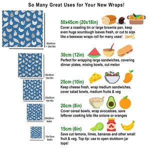 May include: A set of five blue food wraps with a white chicken pattern, shown in sizes 50x45cm (20x18in), 30cm (12in), 25cm (10in), 20cm (8in), and 15cm (6in). The text reads: So Many Great Uses for Your New Wraps! with food illustrations.