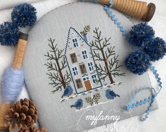 Instant Download PDF Cross Stitch pattern "Blue Birdhouse", cross stitch designlittle birds, birdhouse, beautiful crossstitch