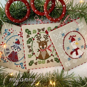 Può includere: Tre ornamenti a punto croce con uno schema di colori rosso, bianco e blu. Gli ornamenti raffigurano un procione, una renna e un pupazzo di neve. Gli ornamenti sono appesi ad anelli di legno rossi e bianchi.