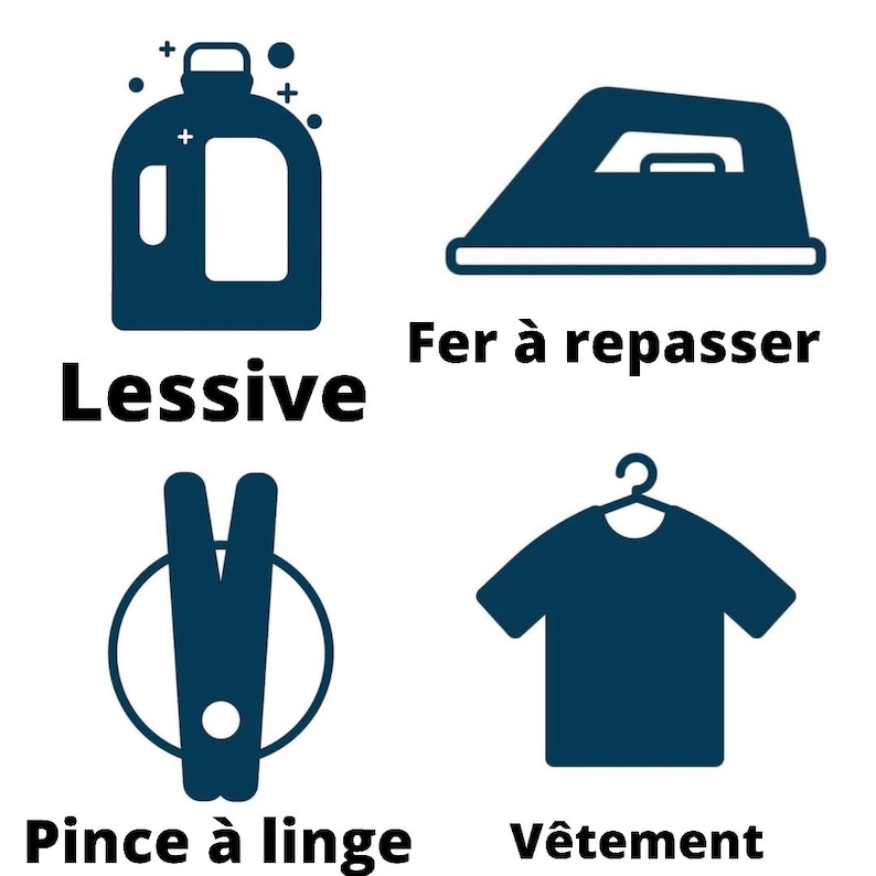 May include: A graphic illustration of laundry and ironing symbols. Includes a detergent bottle labeled "Lessive", an iron, a clothespin labeled "Pince &agrave; linge", and a t-shirt on a hanger labeled "V&ecirc;tement". All symbols are dark blue on a white background.