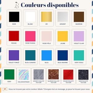May include: A color chart with 20 color swatches, including black, white, gold, silver, and brown. Other colors include red, pink, yellow, purple, blue, and green. The text at the top says "Available Colors".