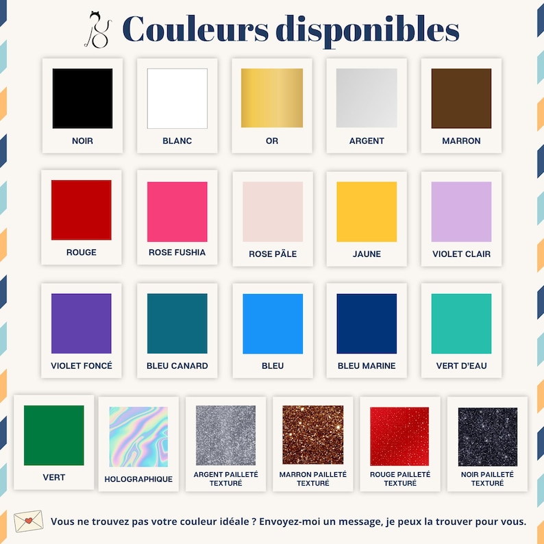 May include: A color chart with 20 color swatches, including black, white, gold, silver, and brown. Other colors include red, pink, yellow, purple, blue, and green. The text at the top says "Available Colors".