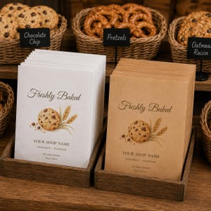 May include: Two stacks of rectangular paper bags in white and kraft brown, each featuring the text Freshly Baked, a chocolate chip cookie illustration, wheat stalks, and placeholder text for a shop name, address, and small batch handmade details.