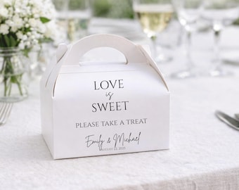 Love Is Sweet Favor Box, Wedding Favor Box with Sticker Label, Personalized Gable Box, Wedding Candy Box, Sweet Table Favors