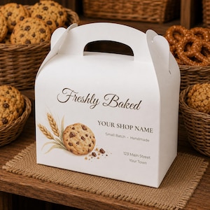Pode incluir: Uma caixa de padaria de cartão branco com pega, apresentando o texto Freshly Baked, YOUR SHOP NAME, Small Batch, Handmade e 123 Main Street, Your Town, decorada com um gráfico de uma bolacha com pepitas de chocolate e espigas de trigo.
