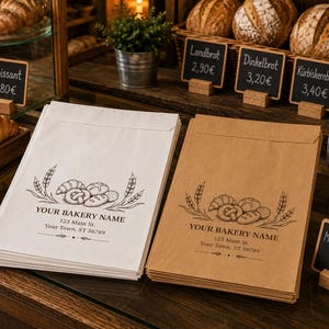 May include: Two stacks of rectangular paper bakery bags, one white and one brown, featuring a black printed illustration of assorted bread and wheat stalks with the text YOUR BAKERY NAME, 123 Main St., YOUR TOWN, ST 56789 centered on the front.