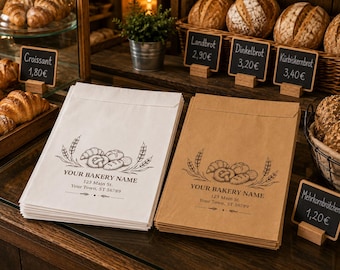 Custom Bakery Favor Bags, Personalized Bread Bags, Bakery Logo Bags, White & Kraft Paper Bags, Bakery Packaging, Pastry Shop Packaging