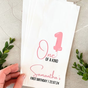 Bomboniere per la festa del primo compleanno delle bambine / Sacchetti di carta personalizzati con stampa unica per il primo compleanno delle bambine / Sacchetti di compleanno in carta kraft o bianchi per gli ospiti