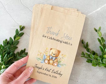 Personalized First Birthday Favor Bags for Boy, Teddy Bear Party Bags, Baby Boy Treat Bags, Birthday Snack Bags, Guest Favor Bags