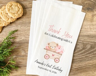Personalized First Birthday Favor Bags, Teddy Bear Party Bags, Baby Girl Treat Bags, Thank You Favor Bags, Birthday Snack Bags