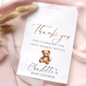 Teddy Bear Baby Shower Favor Bag, Custom Thank You Gift Bag for Guests, Pink Neutral Baby Girl Shower Decor, Personalized Party Bag