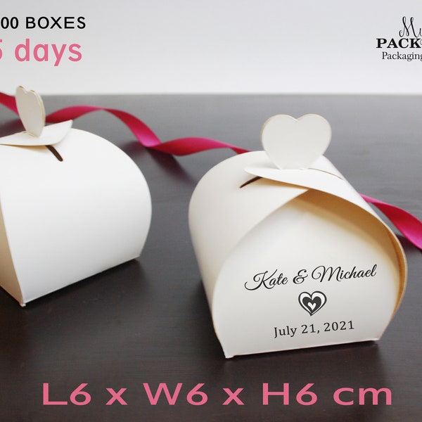 Boîtes de bienvenue de mariage personnalisées, faveurs de mariage élégantes, boîtes imprimées pour les invités Boîte de bonbons personnalisée blanche Boîte de fête personnalisée avec noms