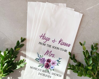 Hugs & Kisses Bridal Shower Favor Bags, Personalized Bridal Shower Party Decor, Kisses Favor Bags Pink Purpler Floral, Custom Printed Bags