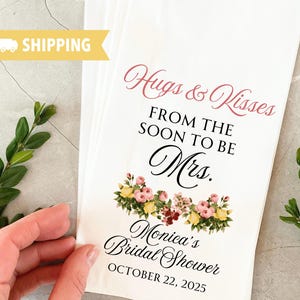 Bridal Shower Favor Bags - Custom Kraft or White Paper Treat Bags with Name and Date | Personalized Hugs & Kisses from the Soon-to-Be Mrs