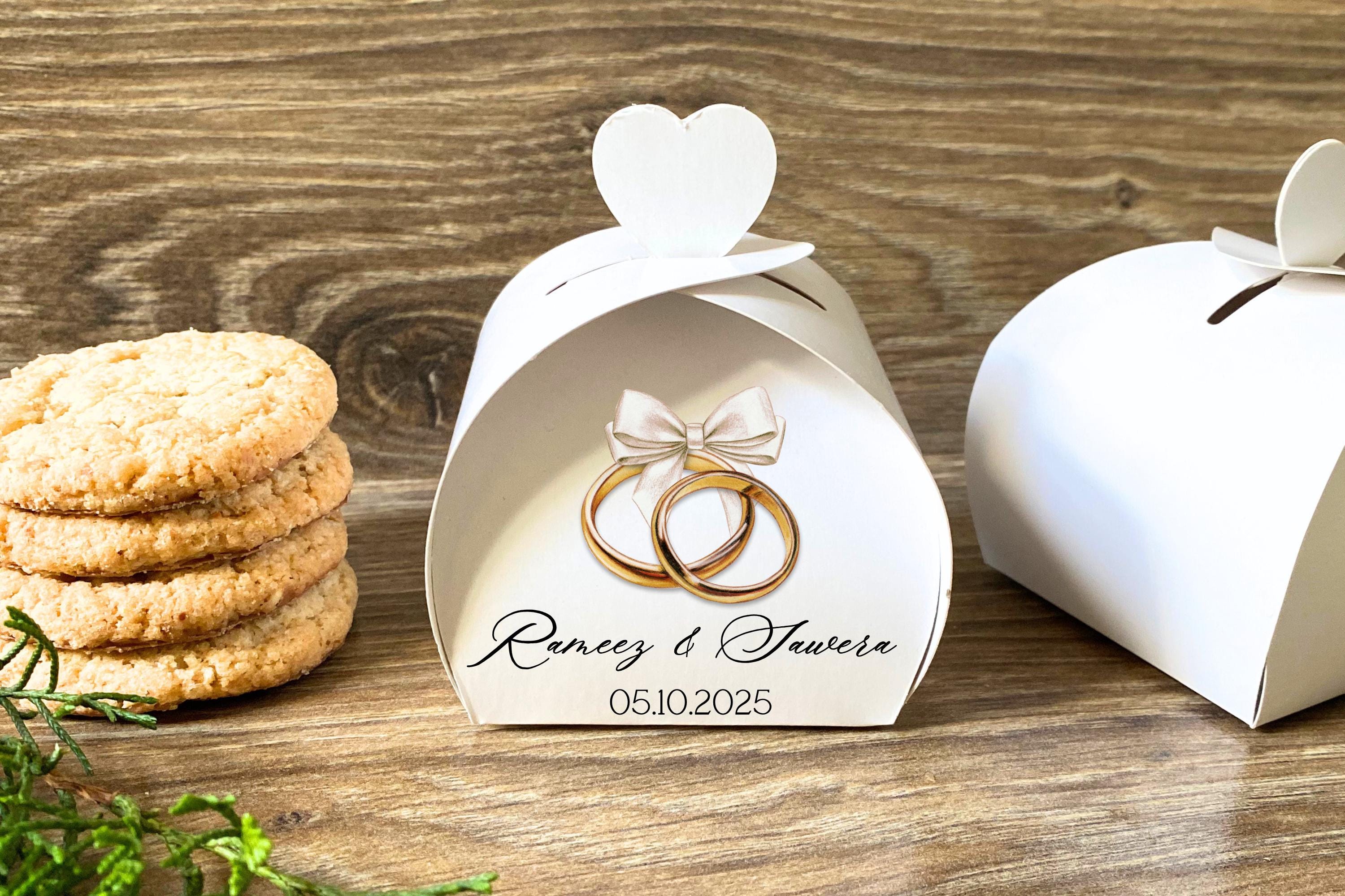 50 personalisierte Hochzeitsbevorzugungskästen | Benutzerdefinierte Brautparty-Cookie-Boxen | Hochzeit Leckerli Boxen mit Ringen Design | Individuell bedruckte Geschenkboxen