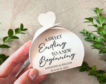 Ein süßes Ende zu einem neuen Anfang Hochzeits-Bevorzugungsboxen in Masse Personalisierte minimalistische Hochzeitsfeier-Bevorzugungsbox-weiße Empfangs-Bevorzugungsboxen