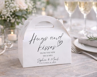 Wedding Favor Boxes: Minimalist Hugs & Kisses Design, Bulk Available, Small White  Gable boxes with Sticker for Guests