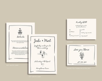 WEDDING INVITATION SET | hand drawn scribble illustrations & handwritten | italian, retro, colourful, fun whimsical trendy