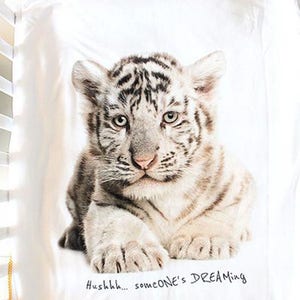 Op de afbeelding: Een wit tijgerwelpje met zwarte strepen ligt op een witte achtergrond met de tekst "Hushhh... someone's DREAMing" eronder.