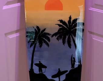 Hand-Painted 6-Foot Surfboard Wall Art: Tropical Sunset Scene, Pine Wood Epoxy Finish