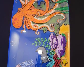 Hand-Painted 6-Foot Surfboard Wall Art: Underwater Reef Scene, Epoxy Glaze, Pine Wood