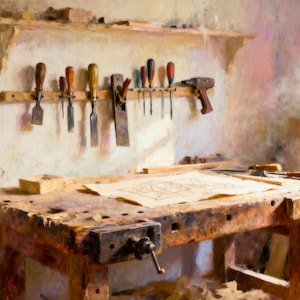 May include: A rustic workshop scene featuring a well-worn wooden workbench with a vise. Various carpentry tools, including chisels, saws, and a drill, are neatly arranged on the wall. A blueprint rests on the workbench, suggesting a woodworking project.