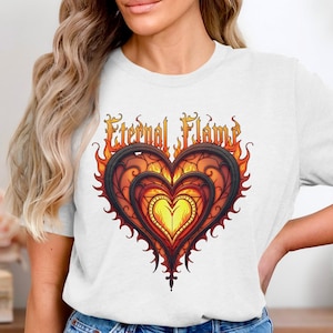 Camiseta de corazón con llama eterna, camiseta psicodélica con llama, camiseta con diseño de corazón gótico, camiseta con gráfico de amor ardiente, camiseta con arte único