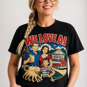 Op de afbeelding: Zwart T-shirt met een retro-stijl afbeelding van een gezin, een hond, een rode auto en de tekst "WE LOVE AI" in rood en wit. De persoon die het T-shirt draagt heeft blond haar en een bril.