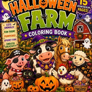 May include: A Halloween Farm colouring book featuring a title in orange and green text with 15 spooktacular pages. The cover displays a pig, cow, horse, chicken, sheep, and cat dressed in costumes, surrounded by pumpkins and ghosts on a farm.