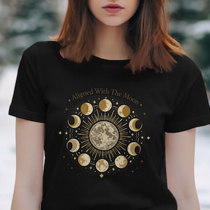 Camiseta "Alineado con la Luna", Camiseta Celestial de las Fases Lunares, Camiseta de Astrología del Ciclo Lunar, Top de Regalo Espiritual Cósmico para Mujeres y Hombres