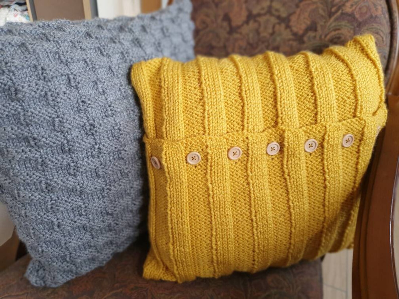 Hand Knitted Mustard and Grey Cushion Covers Chunky Knit Etsy