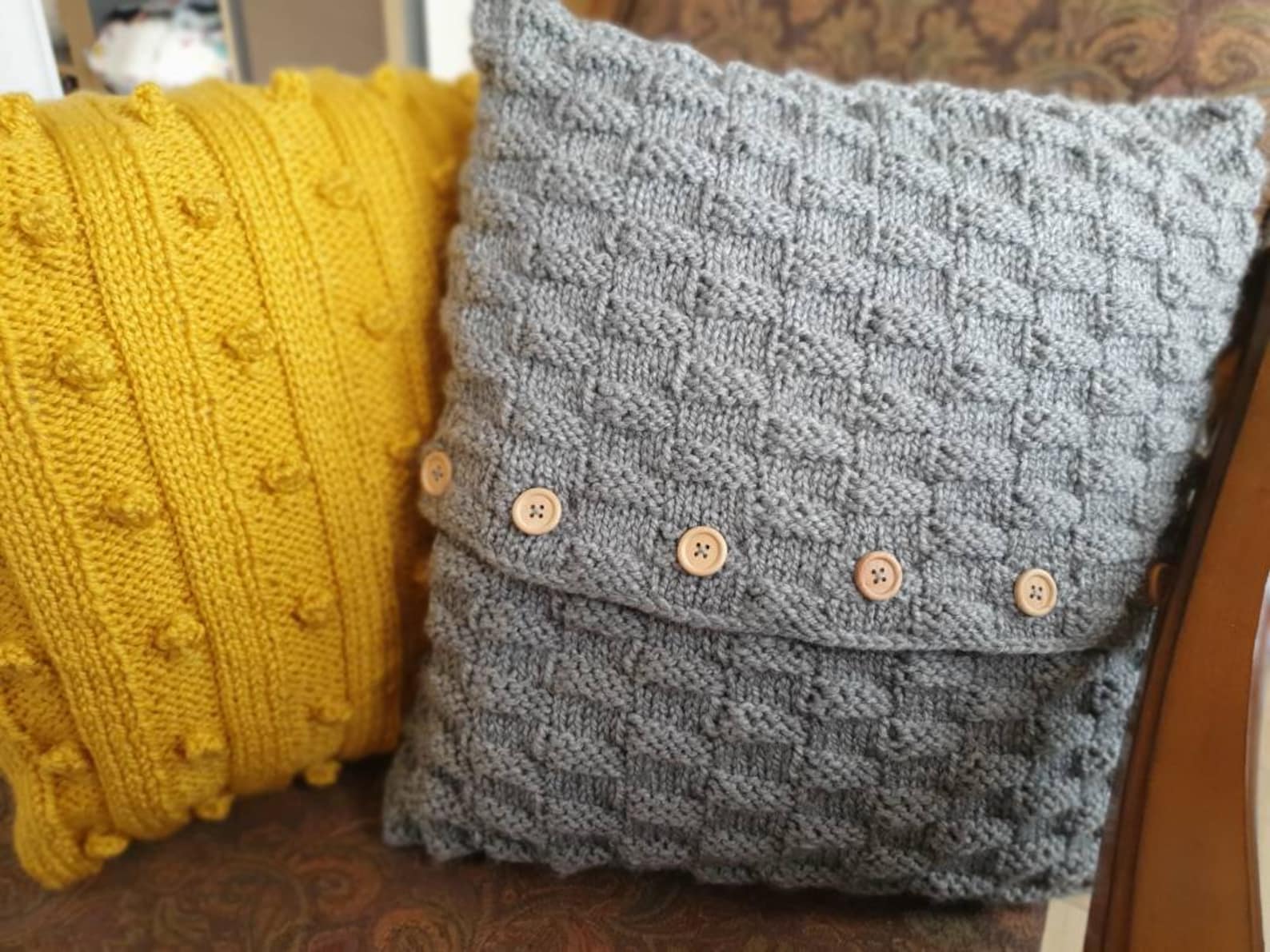 Hand Knitted Mustard and Grey Cushion Covers Chunky Knit Etsy