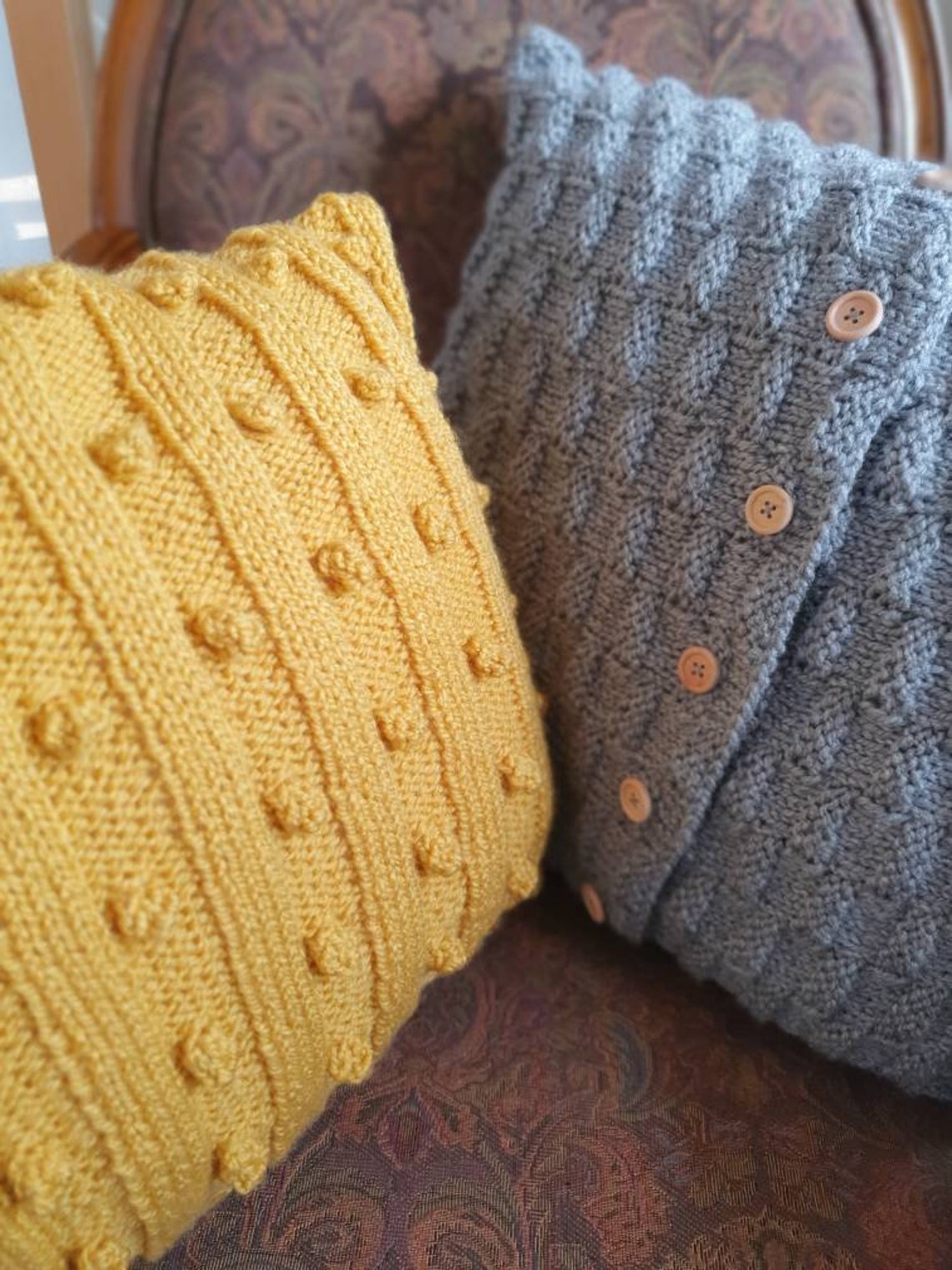 Hand Knitted Mustard and Grey Cushion Covers Chunky Knit Etsy
