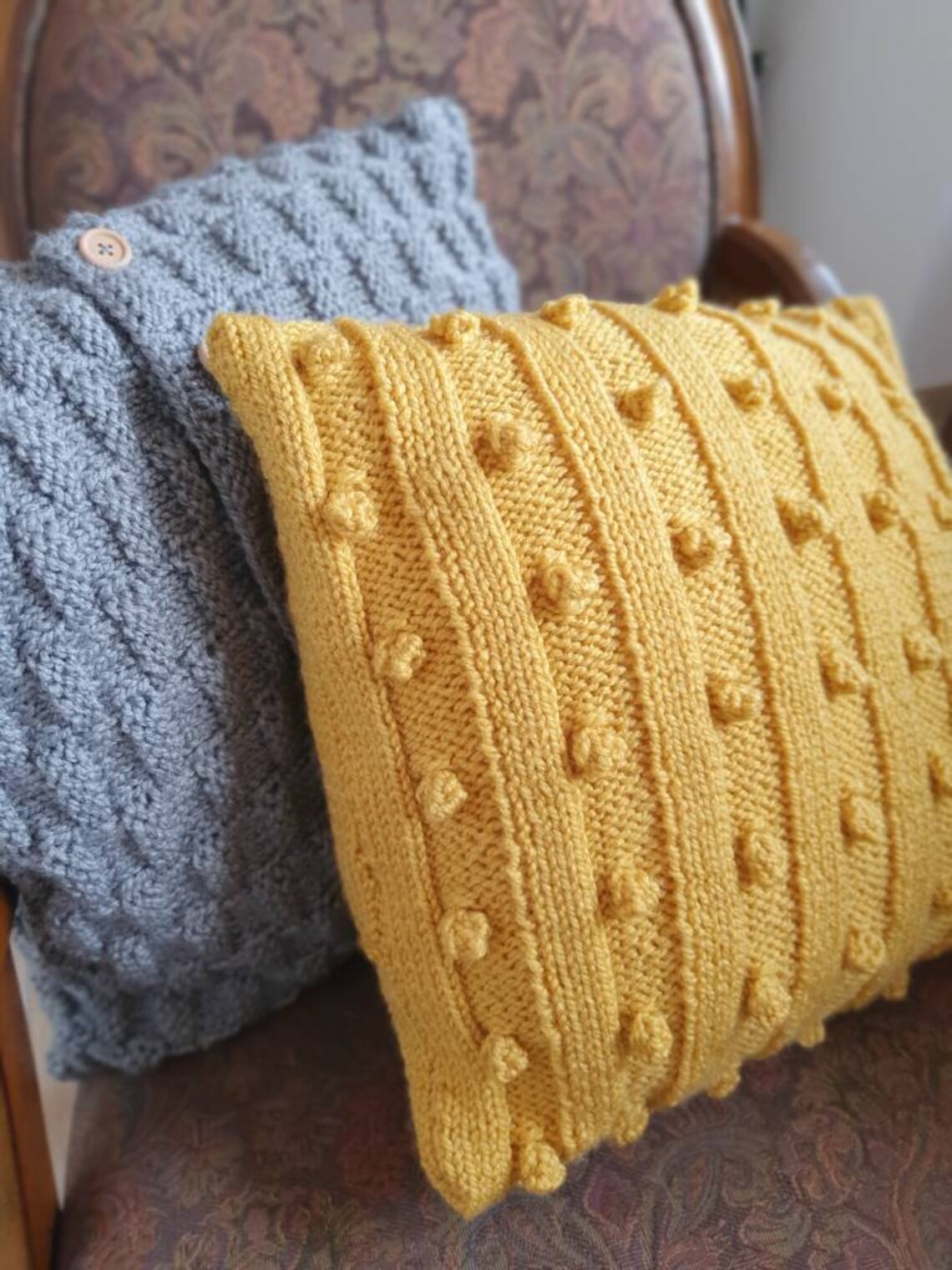 Hand knitted mustard and grey cushion covers chunky knit Etsy
