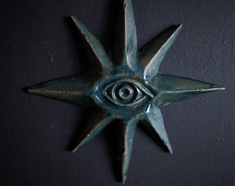 Wall art, wall hanging sculpture, wall hanging star art with eye, eye art, gift, fun art, pottery, ceramic art