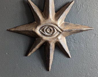 Wall art, wall hanging sculpture, wall hanging star art with eye, eye art, gift, fun art, pottery, ceramic art