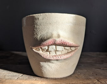 Cache-pot avec un visage fait main avec une bouche sculptée et un visage toungue, parfait pour les plantes succulentes et les cactus dans la maison art déco