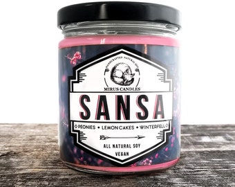 Vela de soja Sansa, Vela inspirada en Juego de Tronos, Canción de hielo y fuego, Vela de libro, Soja vegana totalmente natural de 8 oz, Velas Mirus