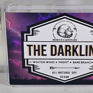 Puede incluir: Un contenedor de pl&aacute;stico transparente con tres cubos de cera blanca. El contenedor tiene una etiqueta con un fondo morado y negro y un gr&aacute;fico de rayos. La etiqueta dice "HANDCRAFTED NATURAL SOY MIRUS CANDLES THE DARKLING WINTER WIND NIGHT BARE BRANCHES ALL NATURAL SOY VEGAN".
