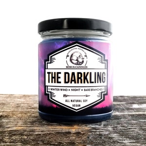 Puede incluir: Una vela de vidrio en un frasco con una tapa negra y una etiqueta que dice "The Darkling" con el texto "Winter Wind, Night, Bare Branches" y "All Natural Soy Vegan". La vela es de color azul oscuro con un dise&ntilde;o de galaxia p&uacute;rpura y rosa.