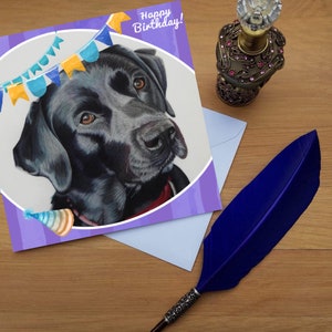 Zwarte Labrador-verjaardagskaart, blanco gedrukte kaarten van hoge kwaliteit van handgetekende originele kunst.
