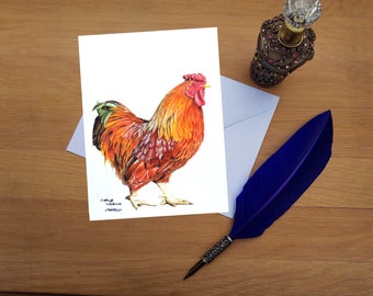Rooster greetings card, Blank high quality printed cards from hand drawn fine art original.