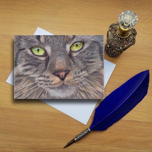 Carte de voeux Maine Coon Cat, cartes imprimées vierges de haute qualité à partir d'oeuvres d'art originales dessinées à la main.