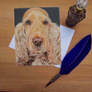Gouden Cocker Spaniel wenskaart, blanco gedrukte kaarten van hoge kwaliteit van handgetekende originele kunst.