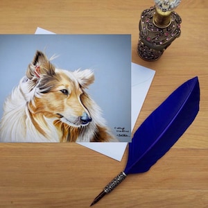 Biglietto d'auguri Rough Collie, biglietti vuoti stampati di alta qualità da originali d'arte disegnati a mano.