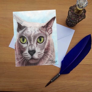 Tarjeta de felicitación de gato birmano gris, tarjetas impresas en blanco de alta calidad de originales de bellas artes dibujadas a mano.