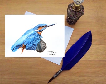 Kingfisher card, Blank high quality printed cards from hand drawn fine art original.