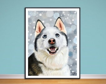 May include: A painting of a white and gray husky dog with blue eyes. The dog is smiling and has its tongue slightly sticking out. The background is a light gray with white dots.