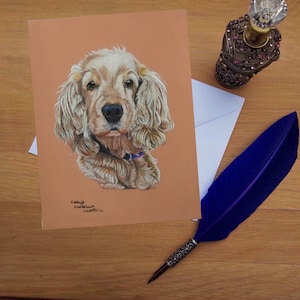 Tarjeta de felicitación Golden Cocker Spaniel, tarjetas impresas en blanco de alta calidad de originales de bellas artes dibujadas a mano.