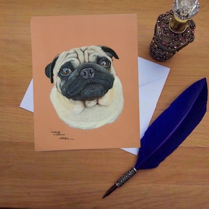 Tarjeta de felicitación de perro Pug, tarjetas impresas en blanco de alta calidad de originales de bellas artes dibujadas a mano.